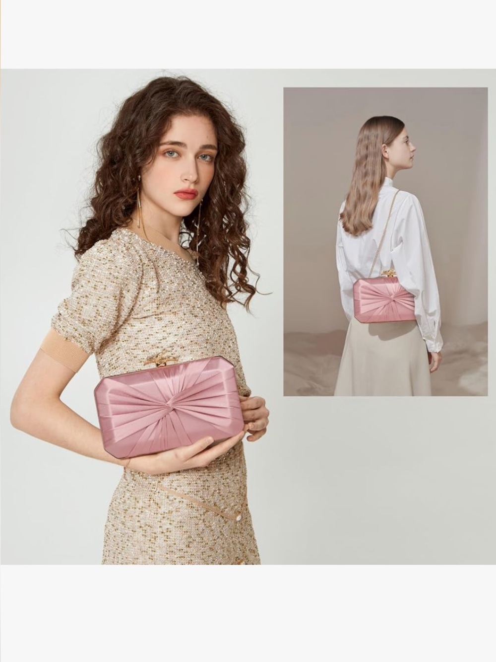 Elegant Pink Satin Knot Clutch with Gold Chain NWT